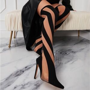 Striped Black & Nude Thigh High Heel Boots Size 10